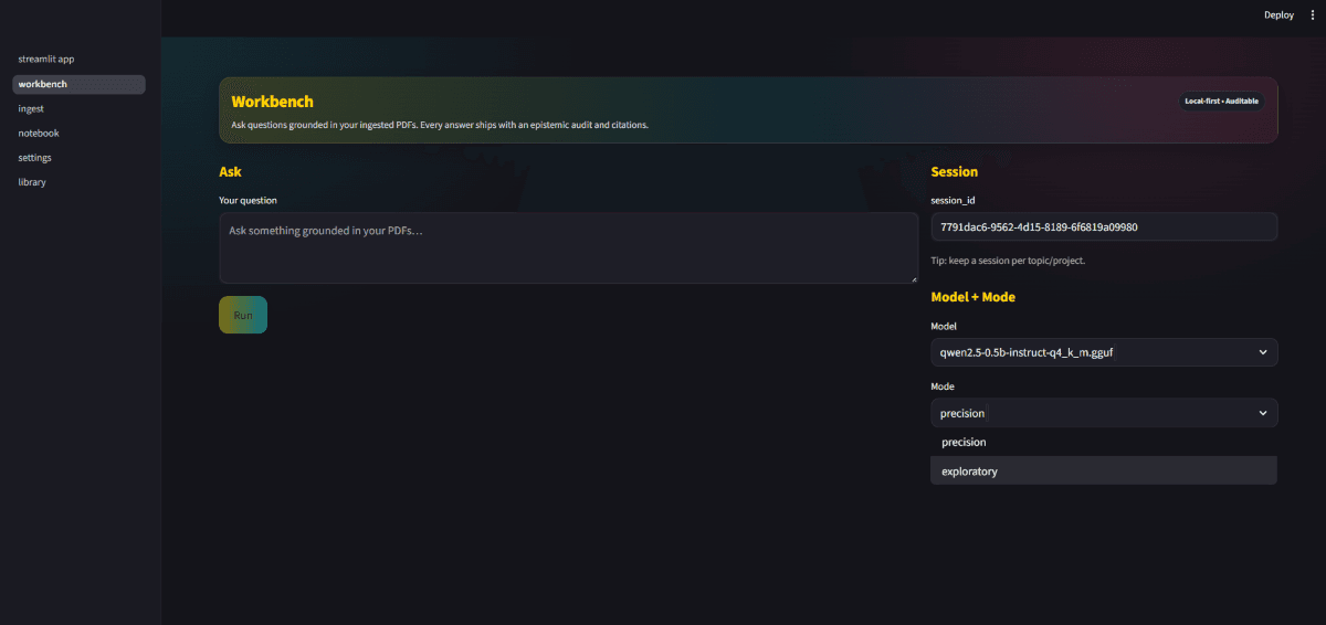 Sovereign Research Engine workbench preview